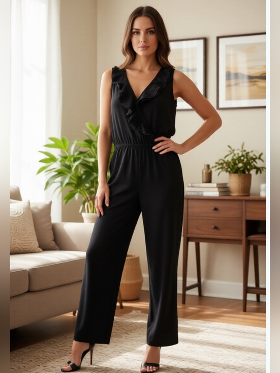 Trendsetter Pants - 💲2️⃣ Trendsetter Sleeveless Black Ruffle Cross-Over V-Neck Jumpsuit Size Med